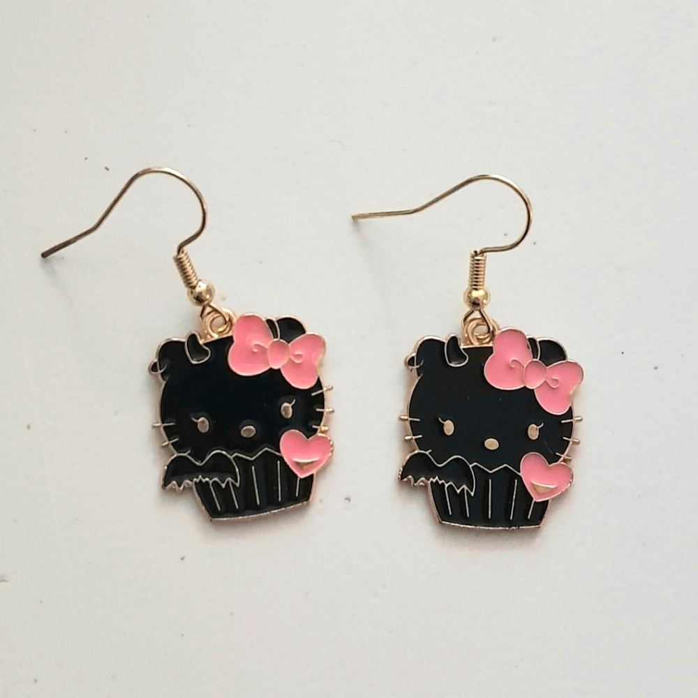 Black & Pink Enamel Kitty Earrings